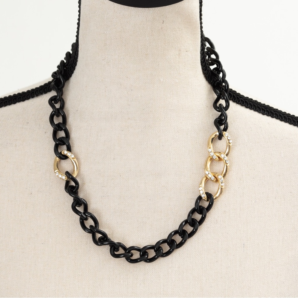 Large link style necklace black & gold with faux diamond accents